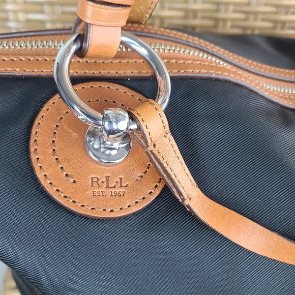 Lauren Ralph Lauren Black Nylon Shoulder Tote Bag Purse Brown Leather Trim - Picture 16 of 16